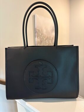 Tory Burch Black Leather Double-Handle Logo Tote